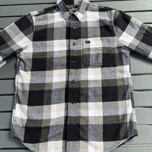 Hollister CA; Warm Grey/Cream/Black Plaid; Long Sleeve Casual Button Up; Men’s M